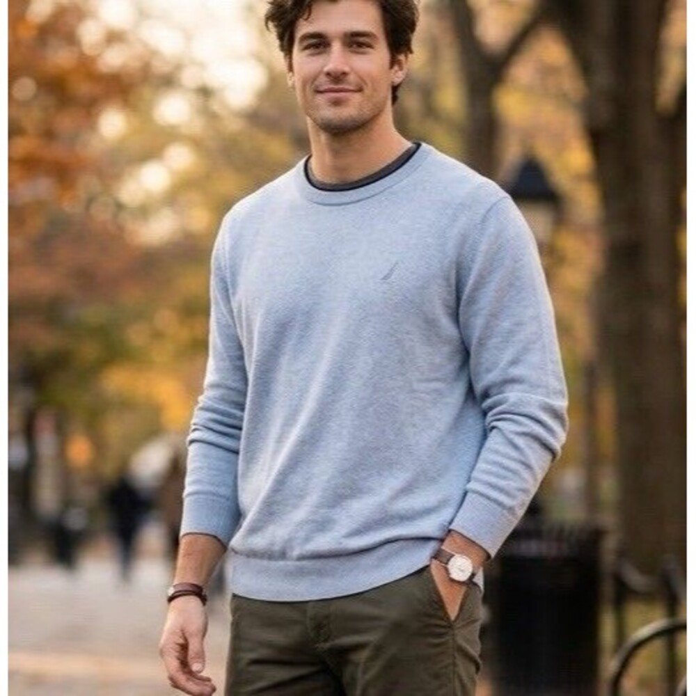 Nautica Men’s 100% Cotton Crewneck Sweater Heather Light Blue Logo Size XXL
